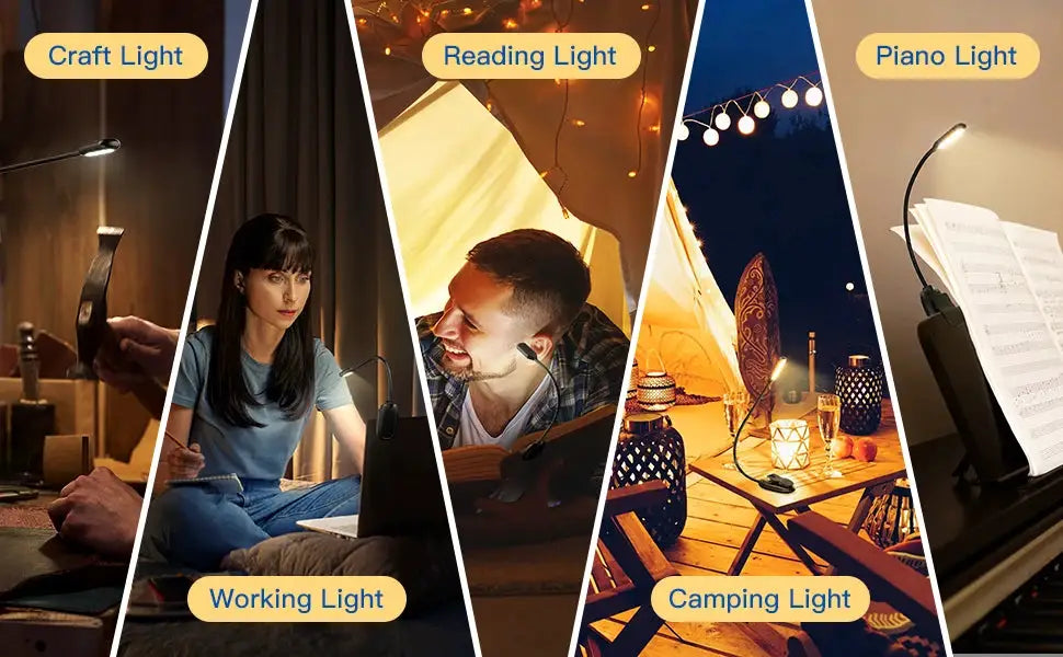 Simples Market LED Book Light USB rechargeable clip-on reading lamp; flexible neck with 3 light modes.