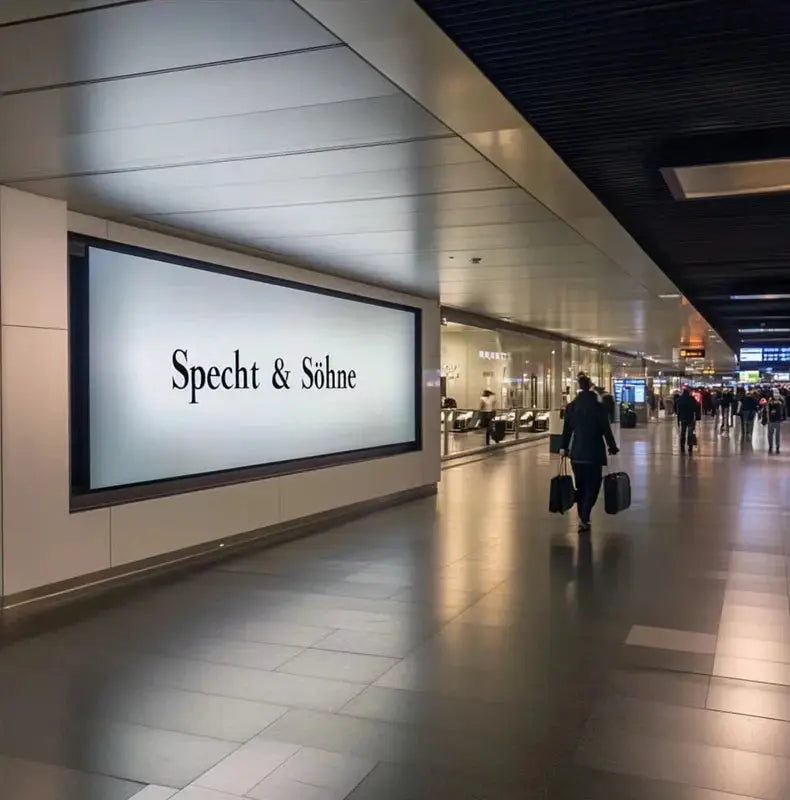 Specht & Söhne watch brand sign in an airport terminal with travelers carrying luggage