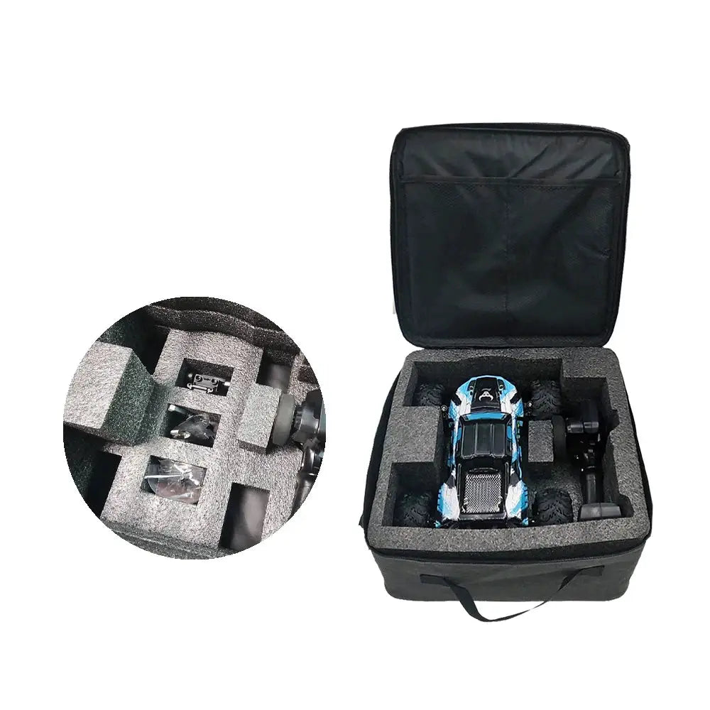 SG116 MAX 1:16 high-speed 4WD drift RC car with blue camouflage body in foam-padded black carrying case