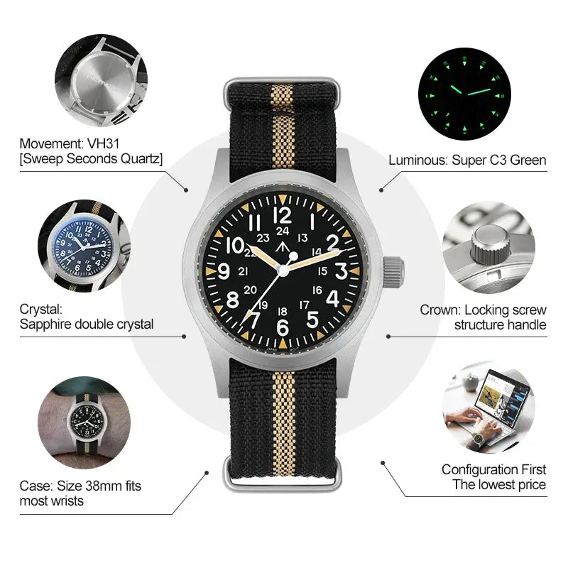 Militado ML05 vintage watch with 38mm steel case, black dial, luminous hands, and NATO strap