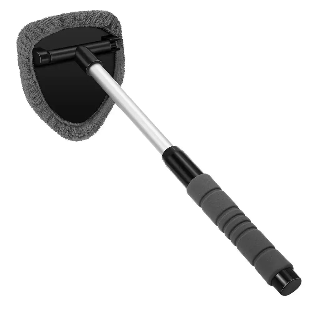 Telescopic car window cleaning brush with gray microfiber pad on an aluminum pole
