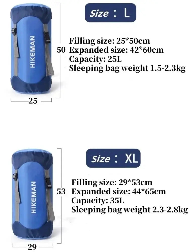 Sleeping bag compression storage bag blue HIKEMAN for L and XL sizes; waterproof ultra-light camping storage (2-pack)