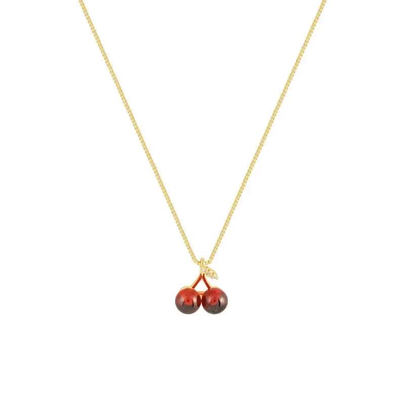Wine Red Cherry Pendant Necklace For Women With Golden Chain Fashion Jewelry Party Wear Birthday Gift