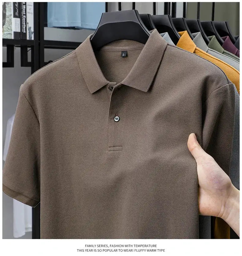 Men's 100% cotton polo shirt in brown with a silk-like finish, short sleeves, ideal for golf and casual business wear.