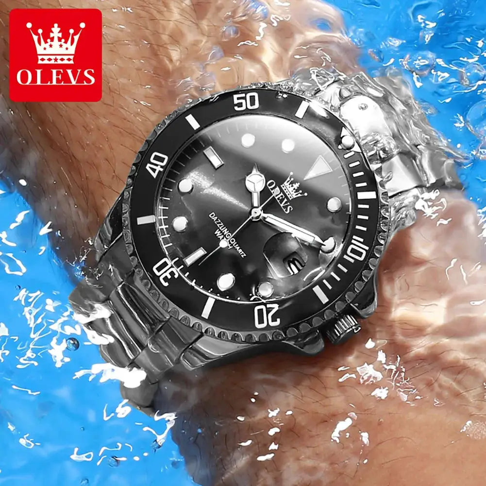 OLEVS stainless steel diving quartz watch for men with black dial and water-resistant