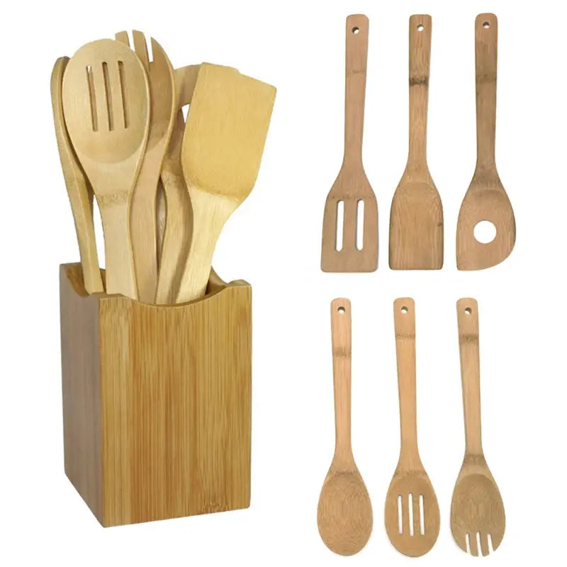 Eco Bamboo 6 Piece Kitchen Utensil Set With Spoons And Spatulas Durable Eco Friendly Cooking Tools
