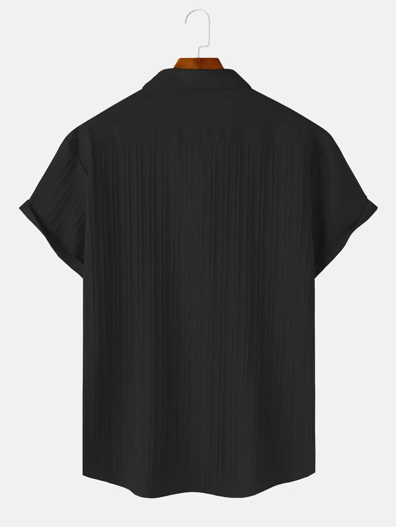 Men's black short-sleeve shirt on a hanger; solid color with subtle vertical texture.