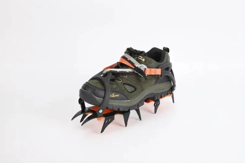 12-tooth ice crampons with orange straps and stainless steel spikes for sport footwear