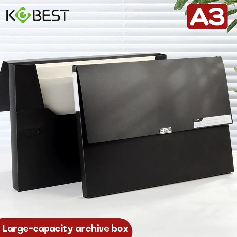 Simples Market A3 document file box; foldable black plastic archive with buckle lid, large capacity.