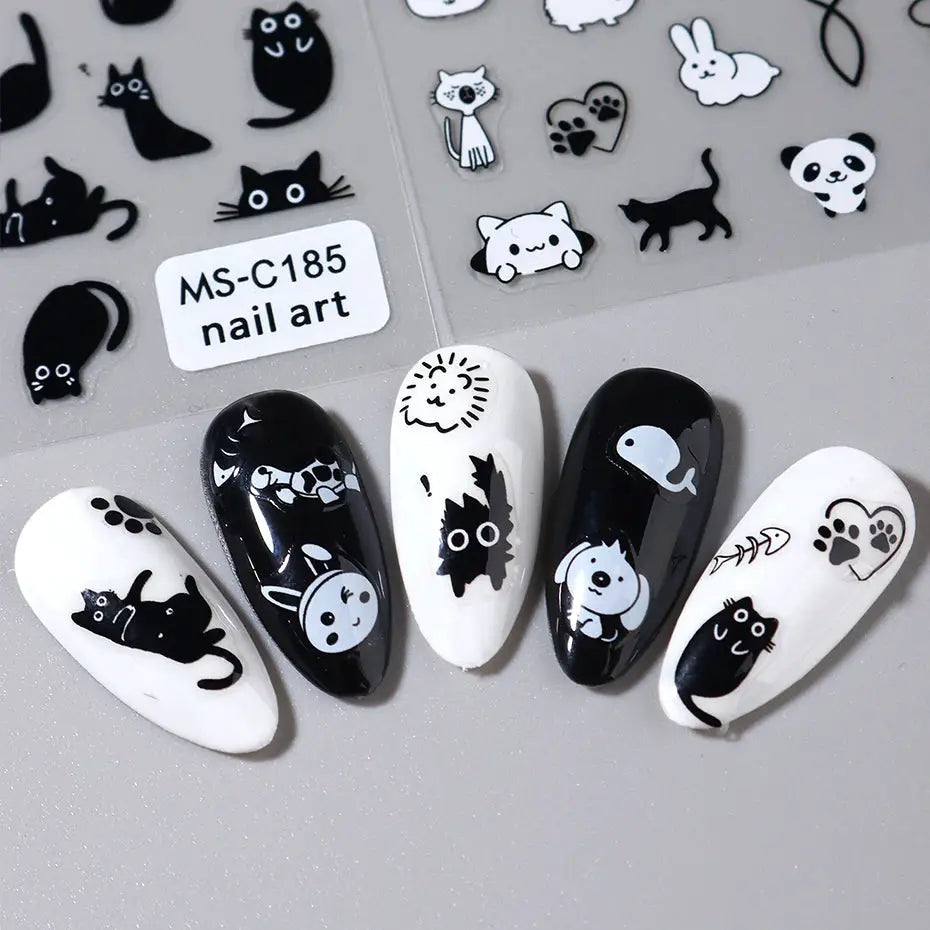 2pcs Black Cat Nail Stickers by Simples Market; 3D cartoon animal self-adhesive nail art decals