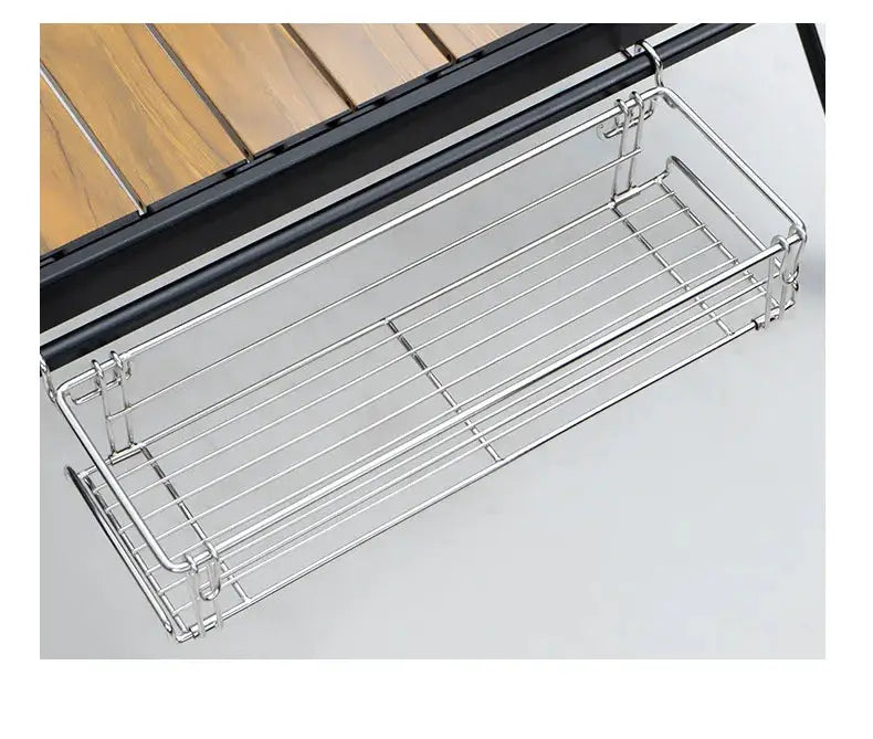 Simples Market outdoor aluminum table-side storage rack with hanging silver wire mesh basket