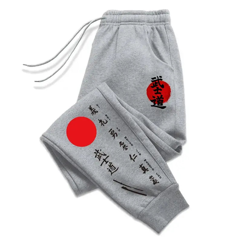 Bushido printed gray sweatpants for men with red sun circle and black kanji graphics