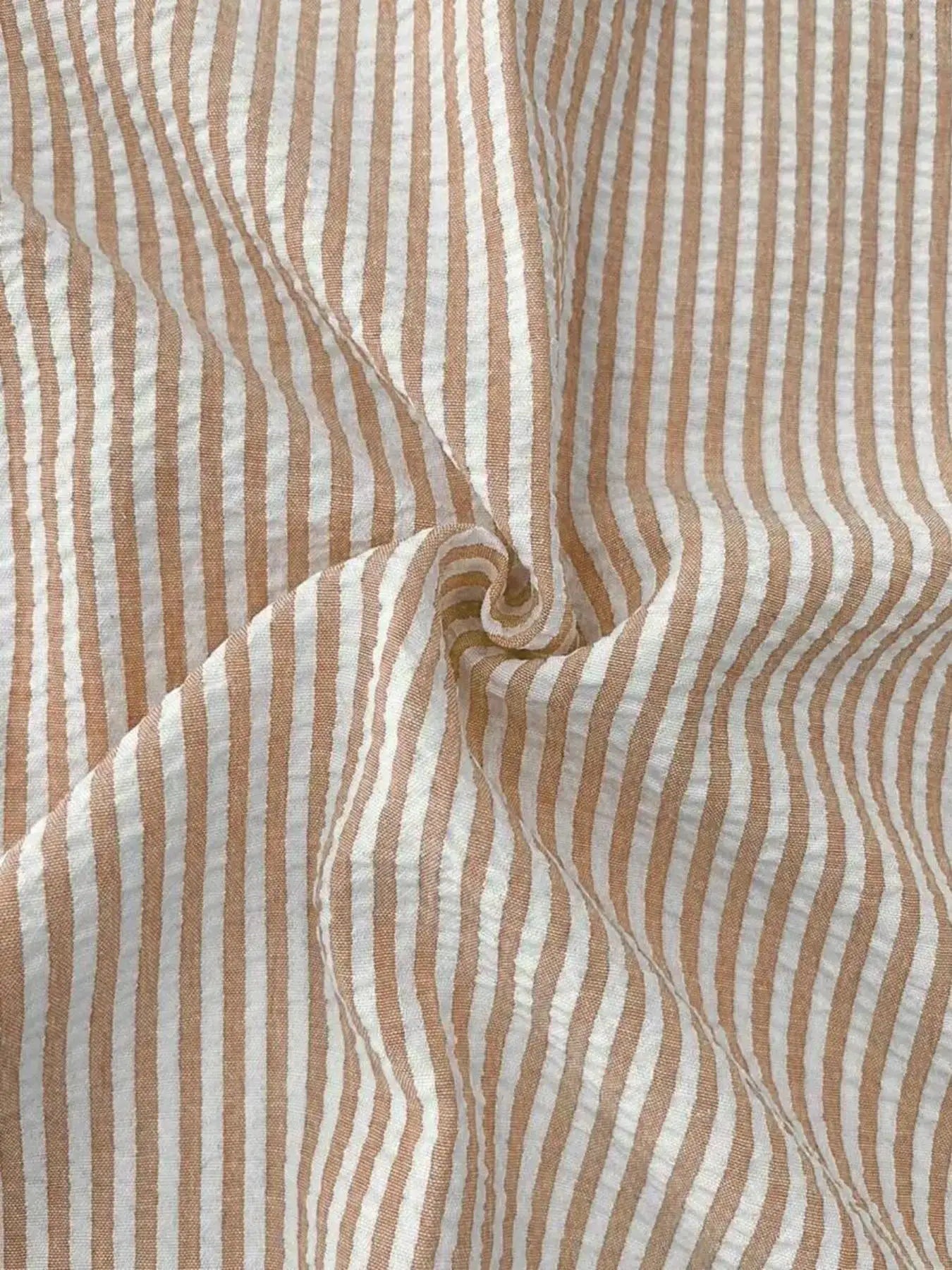 Men's striped shirt fabric with beige and white vertical stripes, linen-look material