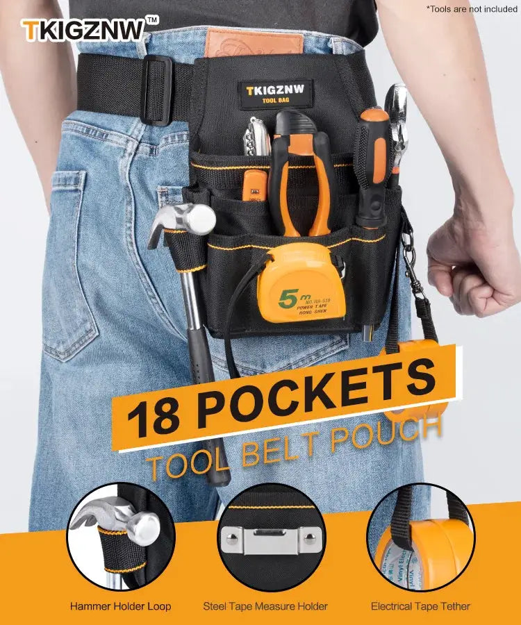TKIGZNW tool belt pouch with 18 pockets in black and orange, holding hammer, pliers and tape measure