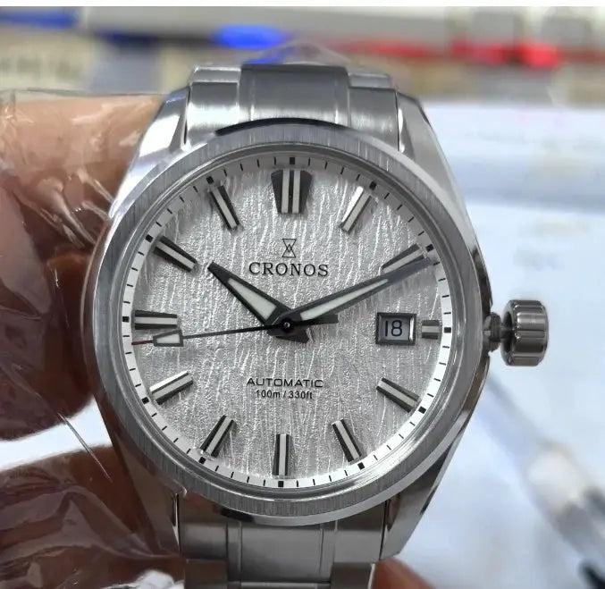 Cronos men's watch, 39mm, white birch-pattern dial, automatic Miyota 9015, sapphire crystal.