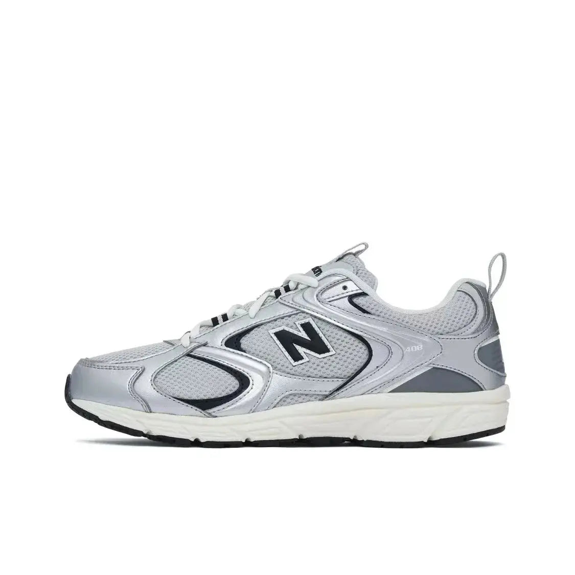 Simples Market 408 unisex low-top running shoes in silver-gray with black N logo, breathable mesh, cushioned sole