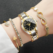 4-piece women's watch and bracelet set by Simples Market; gold–silver two-tone analog quartz watch with black dial.