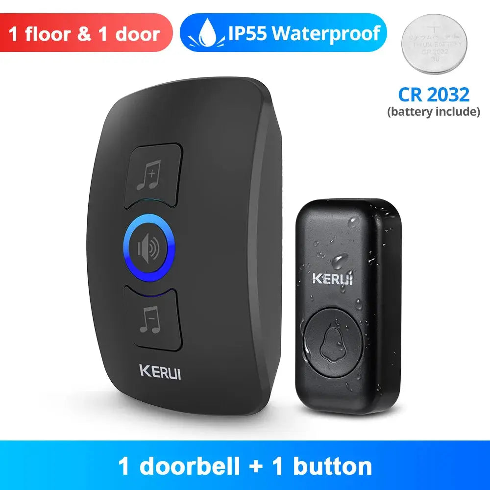 KERUI wireless doorbell with receiver; black outdoor kit, IP55 waterproof, blue LED ring, 1 doorbell + 1 button