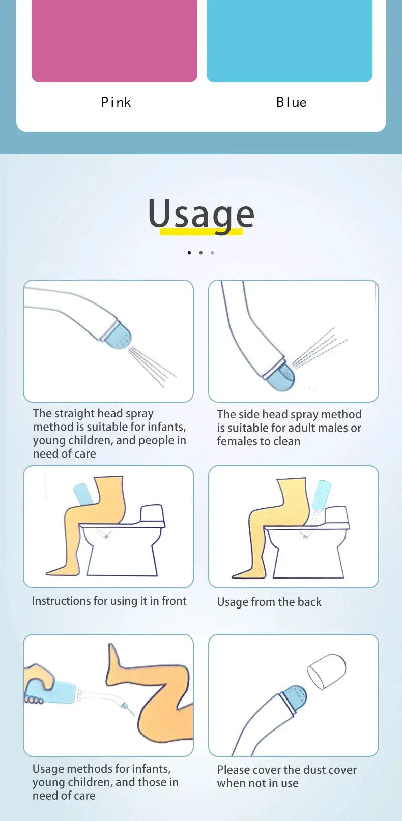 Simples Market 500ml portable handheld bidet for travel and baby care; pink and blue color options.
