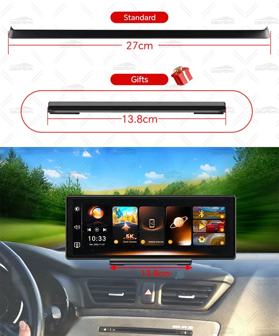 OBDPEAK K8 Pro dash cam by Simples Market with 11.3-inch AI touchscreen, front 5K rear 1080P, CarPlay & Android Auto