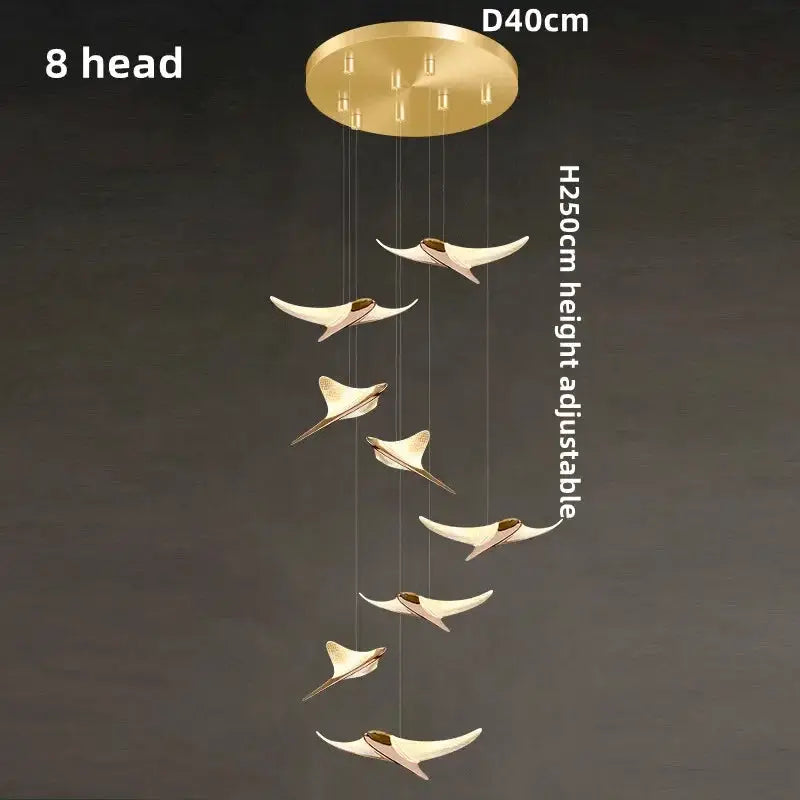 Seagull staircase pendant lamp with 8 gold bird pendants, D40cm plate, height adjustable to 250 cm, Simples Market