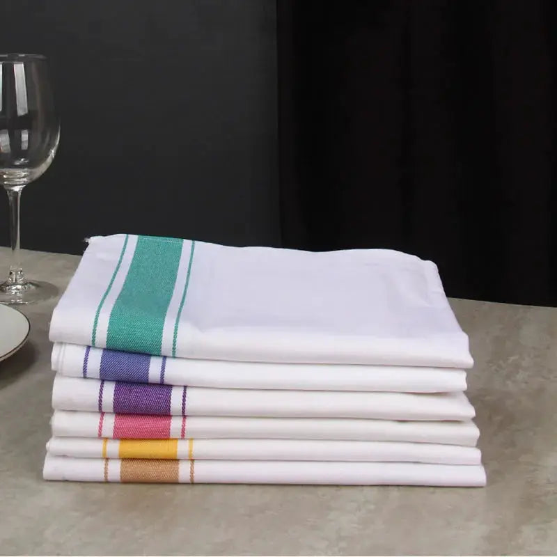 European kitchen towel placemats, white cotton with colorful striped borders, set of five