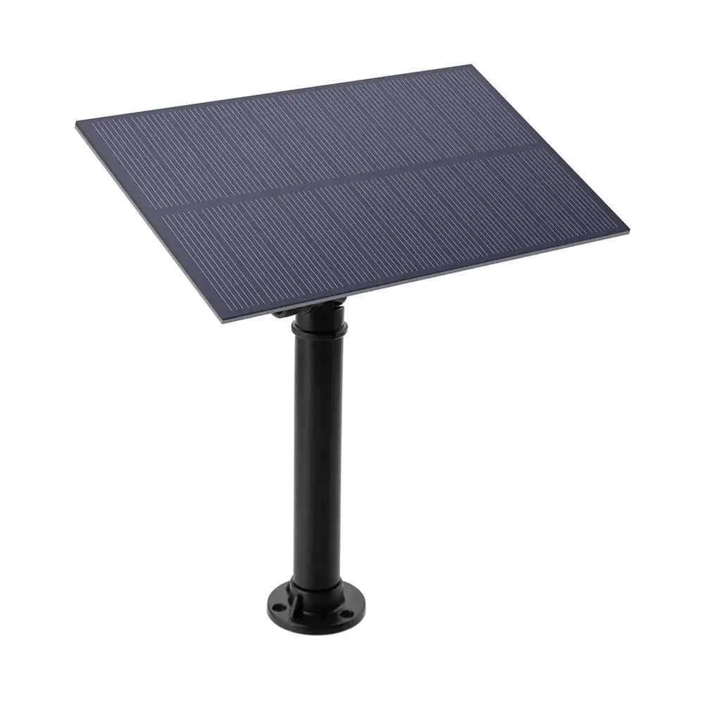 Solar-powered water fountain panel on a black stake mounting system for the garden.