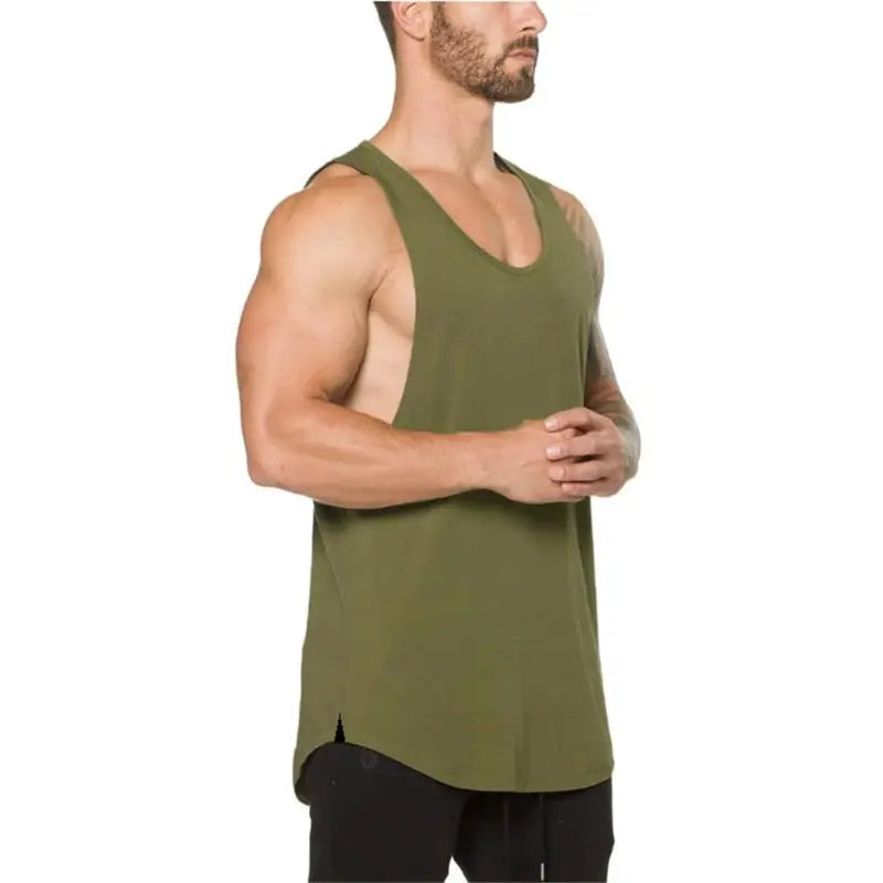 Cotton breathable sleeveless muscle tank top in olive green for gym and running