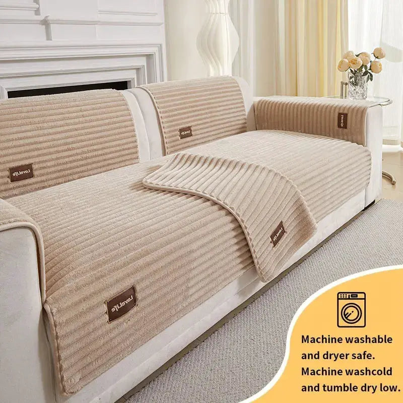 Beige ribbed sofa cushion set by Simples Market with anti-slip covers