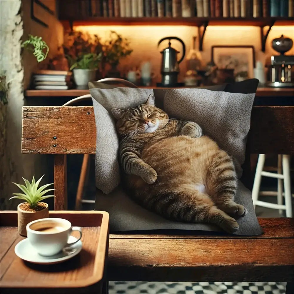 Fat Cat lying down print pillowcase; gray cover on a rustic wooden bench in a cozy cafe setting