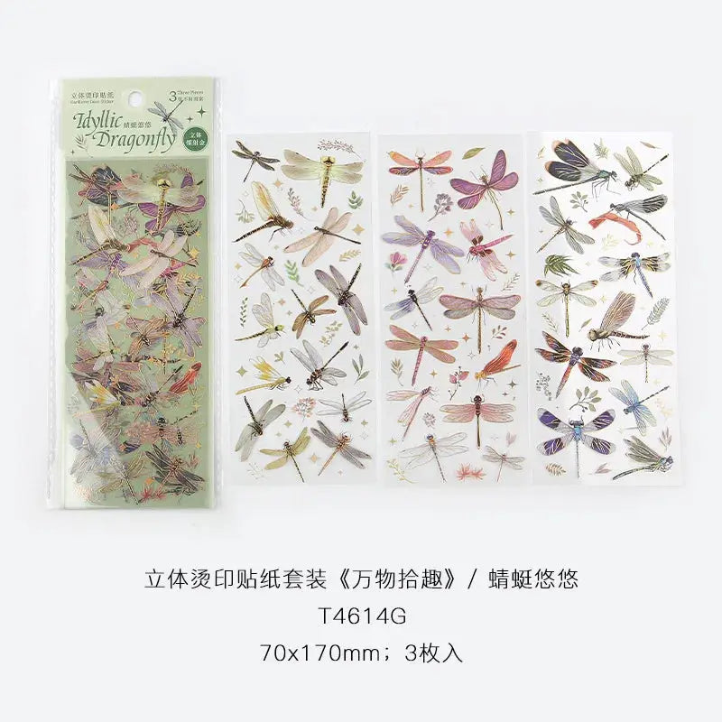 Three Piece Kawaii Feather Dragonfly Bird Jellyfish Decorative Sticker Pack for Scrapbooking Journals and Planners