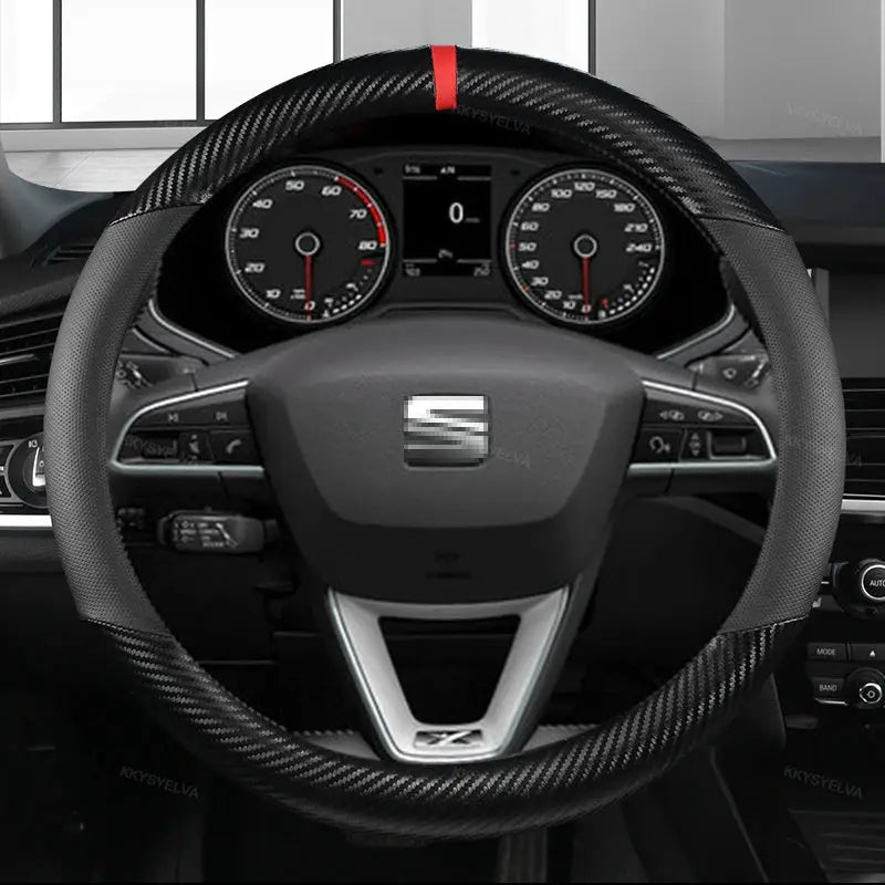 Carbon fiber steering wheel cover for SEAT cars; black textured wrap with a red top stripe and SEAT emblem