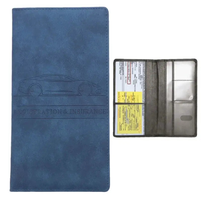Men's card holder wallet by Simples Market, blue leather with slots for car registration and insurance cards