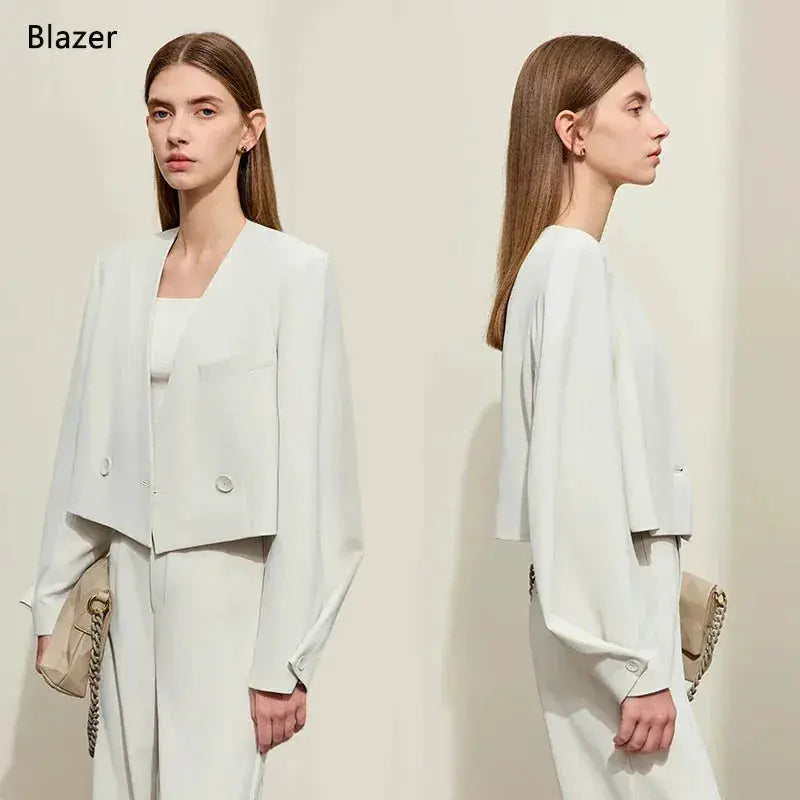 AMII Minimalism white cropped blazer and matching pants set for women, office wear