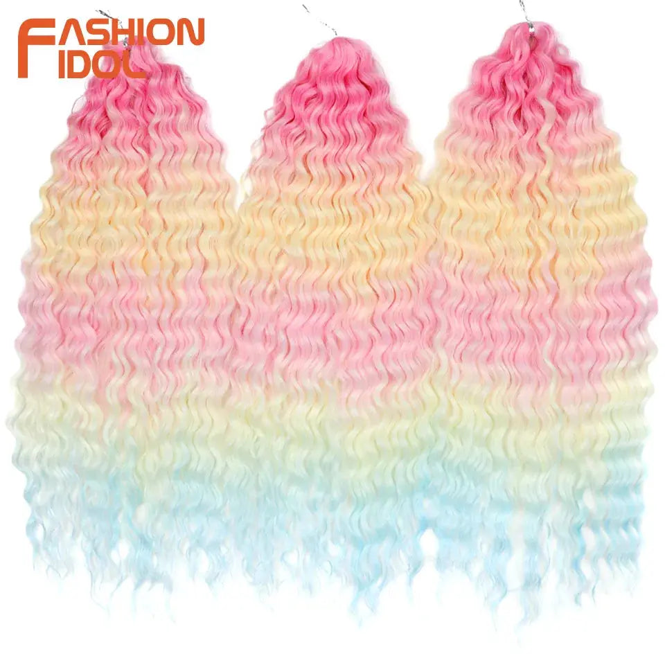 Fashion Idol 22in Ariel curl water-wave crochet hair extensions, synthetic rainbow pastel ombre (3 bundles)