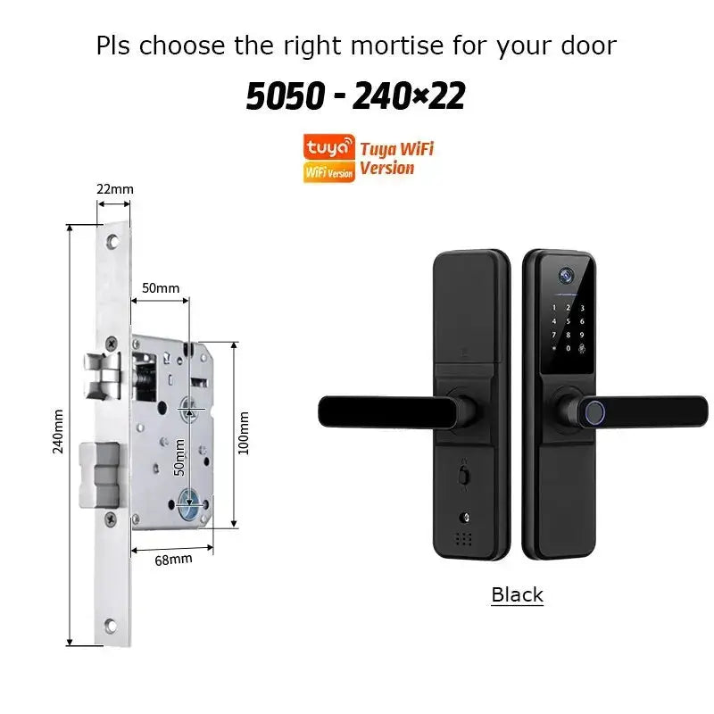 YRHAND H01 smart door lock with Tuya WiFi, biometric camera and fingerprint, black keypad lock