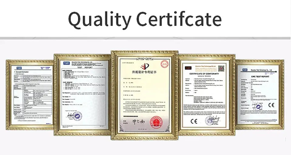 Five gold-framed quality certificates displayed in a row.