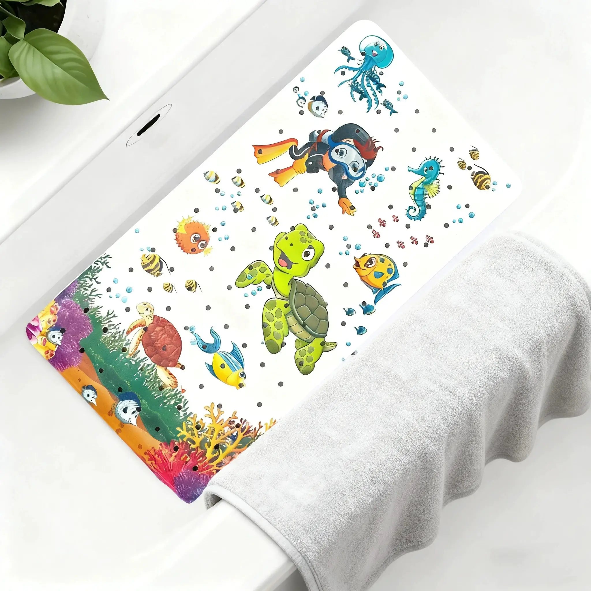 PVC non-slip bath mat with suction cups and drain holes, 15×27.6 in, colorful sea life design