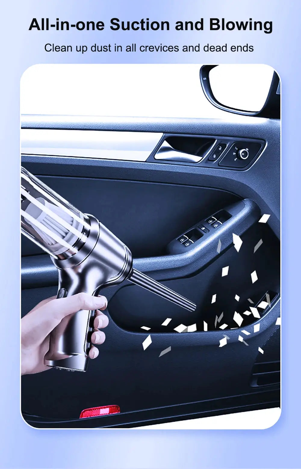 Car handheld wireless vacuum cleaner in silver with 2-in-1 suction and blower