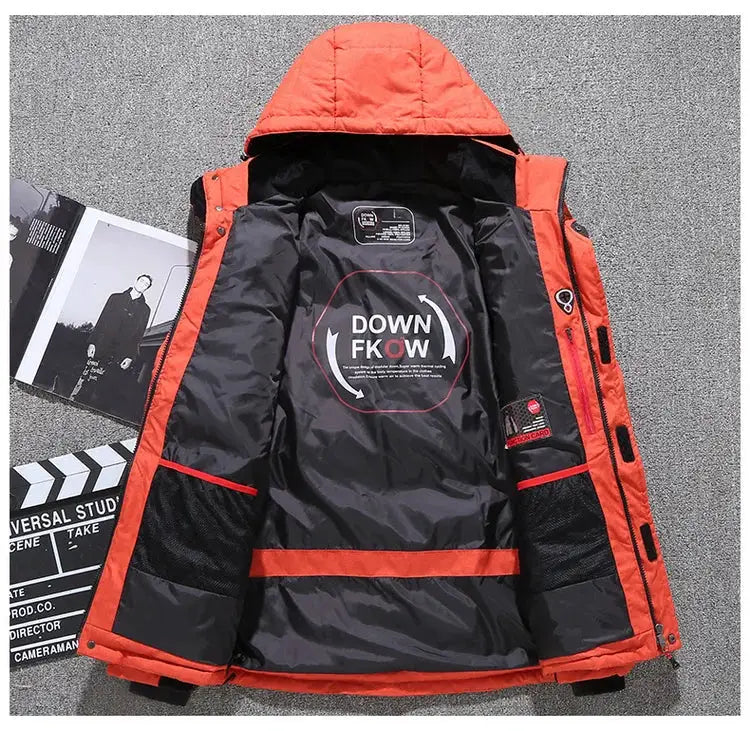 Men's hooded down puffer jacket in orange-red by Simples Market