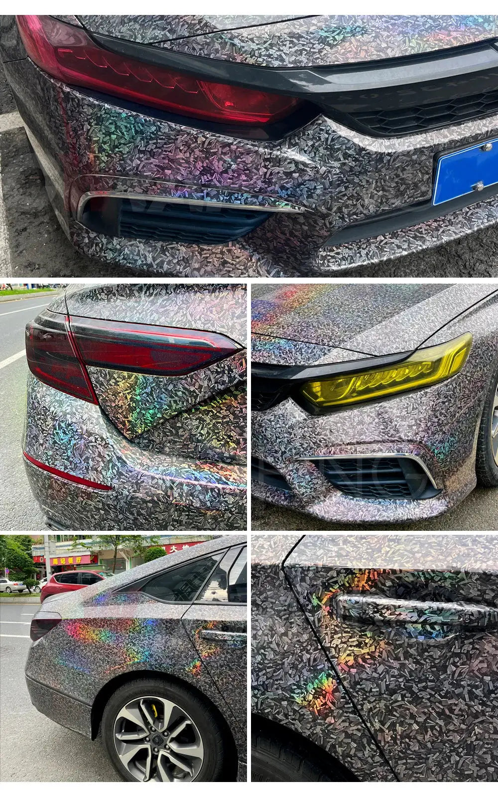 Car body wrap vinyl in glossy forged carbon fiber style with iridescent flakes, self-adhesive