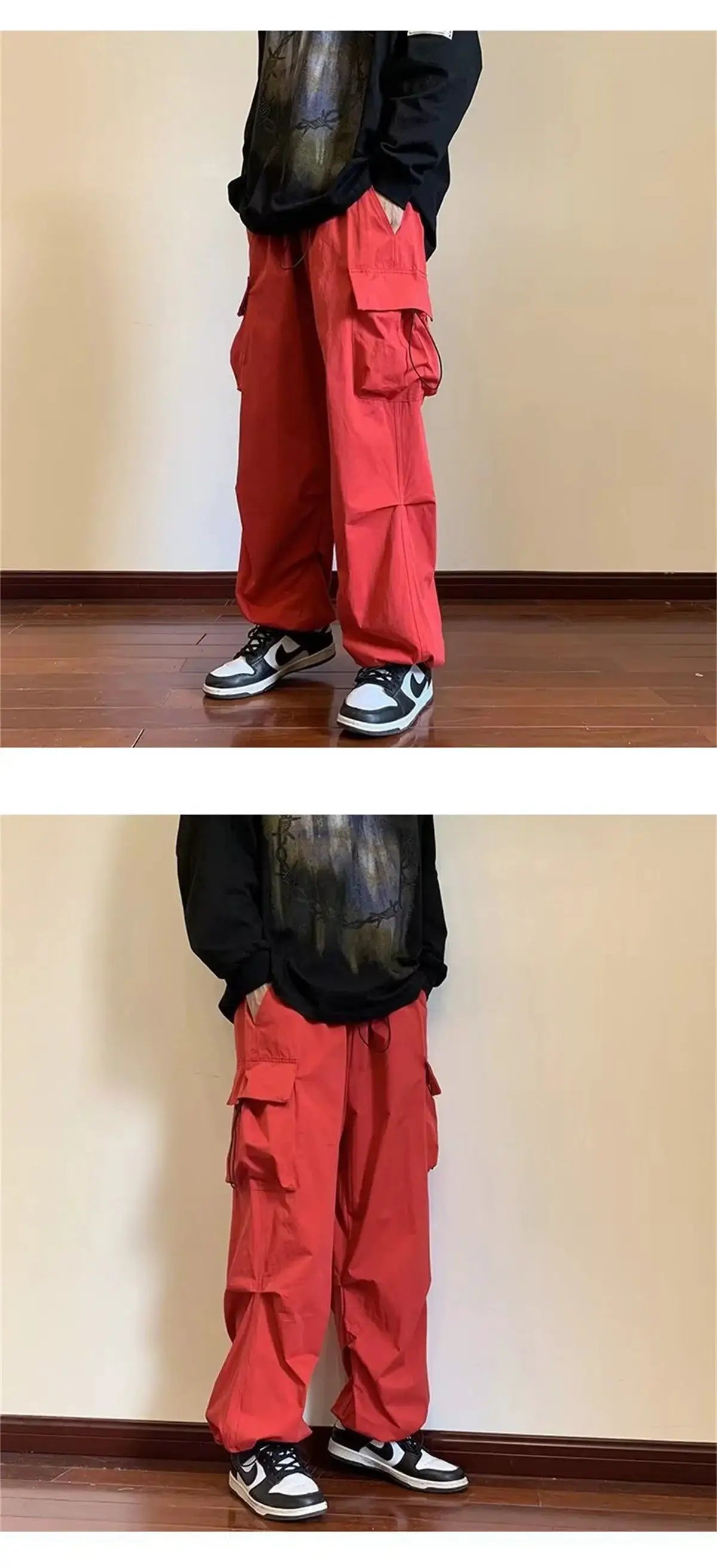 Cargo pants by Simples Market, red elastic-waist cargo with multiple pockets, loose baggy fit.
