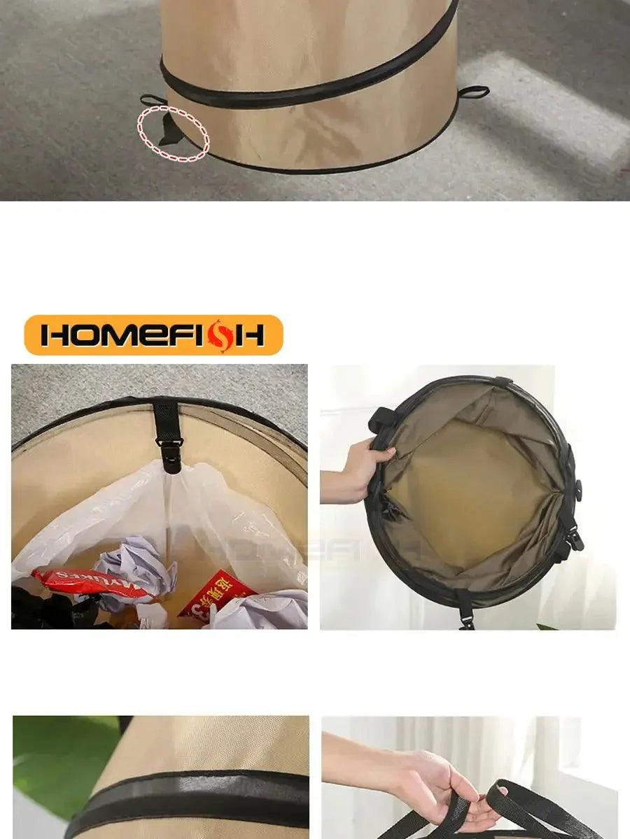 HOMEFISH pop-up round outdoor trash can for camping, beige with black carrying straps