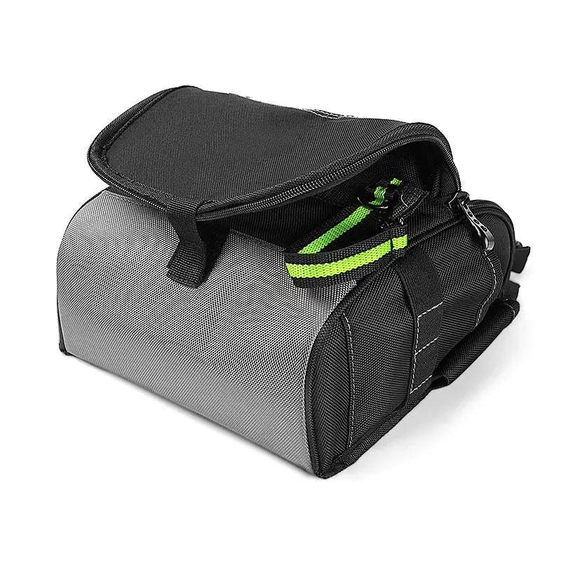 JAKAH Professional Electricians Tool Pouch, gray/black fabric with neon-green accents and padded shoulder strap