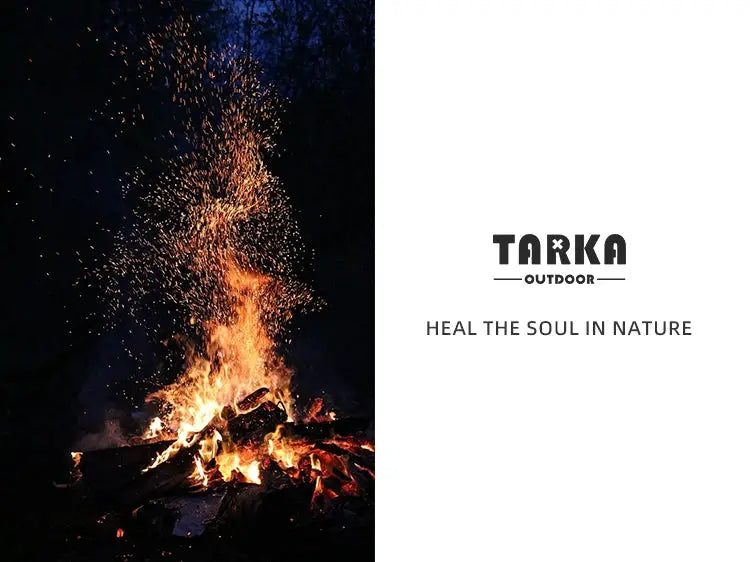 TARKA Inflatable Camping Mats branding by Simples Market; campfire scene with TARKA Outdoor logo at night