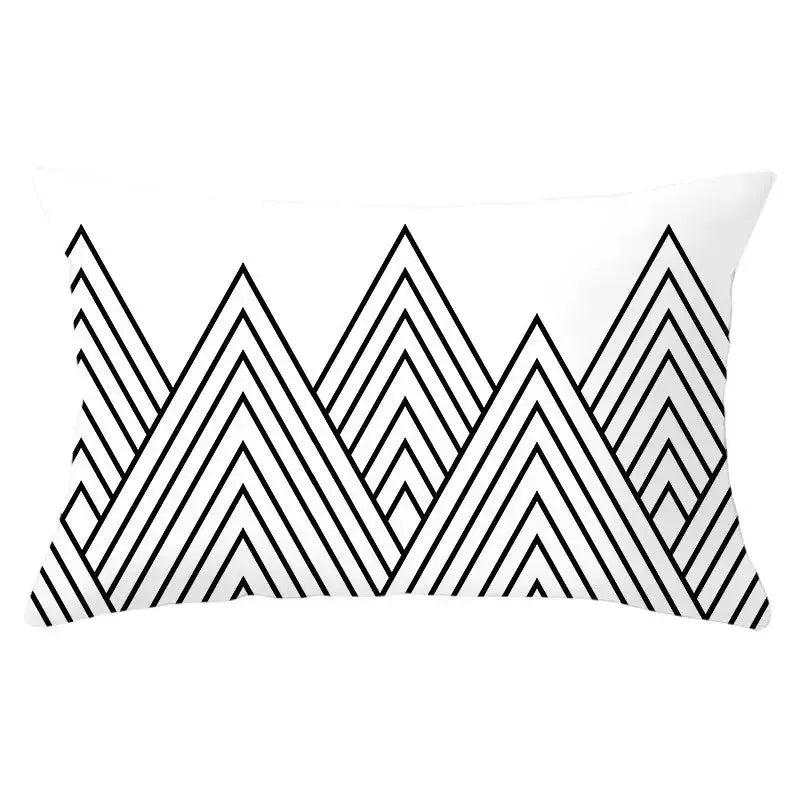 Rectangular pillowcase with black geometric pattern on white polyester fabric