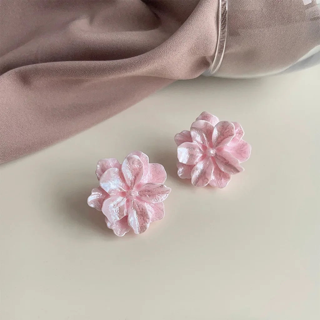 Pink camellia flower stud earrings for women, pair