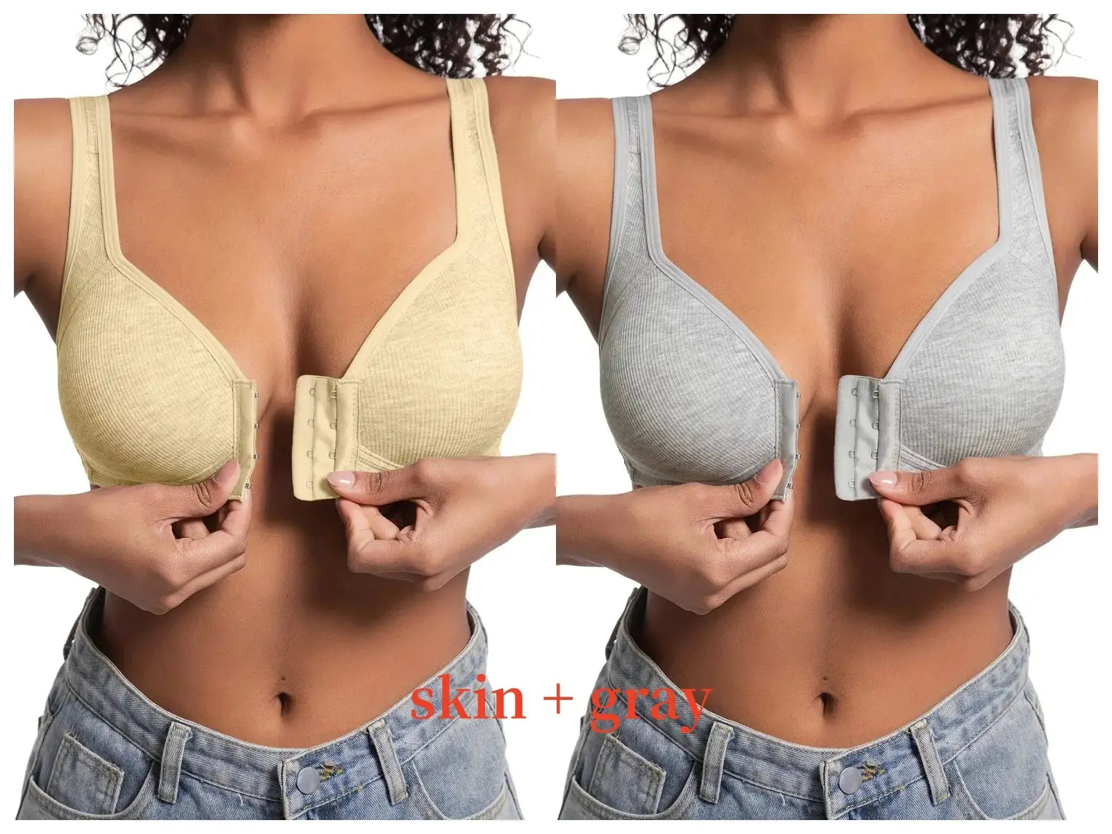 Simples Market women's wire-free front-closure bra beige and gray full-coverage solid color pair