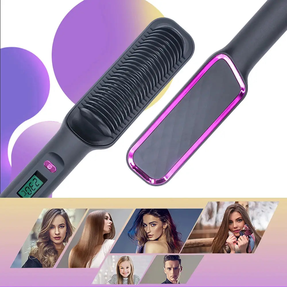 Simples Market electric hot comb straightening brush with pink trim, digital display, negative ion, anti-scalding