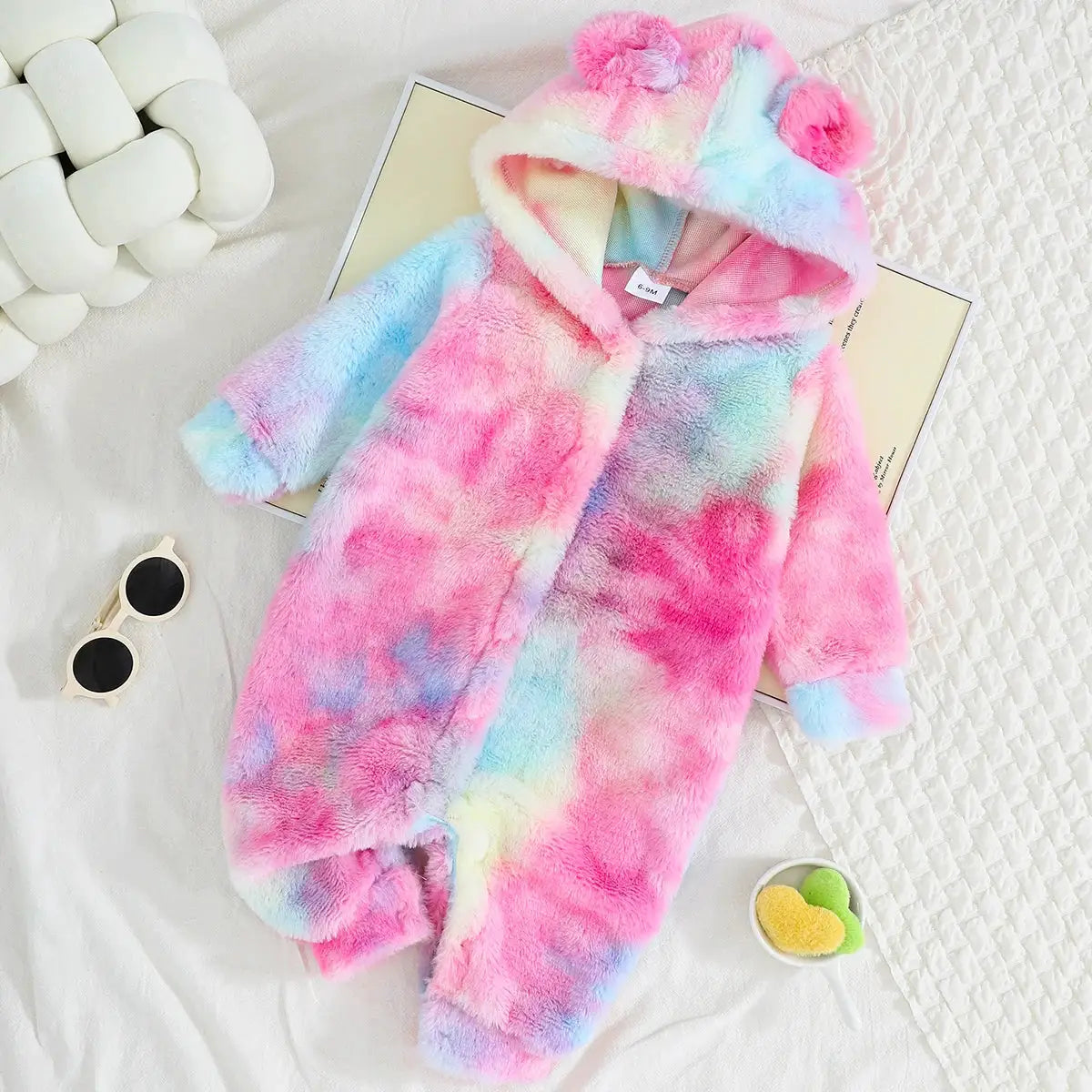 Unisex Plaid Plush Romper With Hooded Long Sleeves Jumpsuit For Winter Warmth 3 To 24 Months